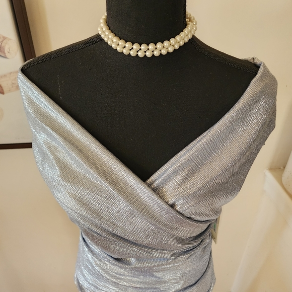 🔥Eliza J Metallic Silver Off-the-Shoulder Evening Gown - Picture 6 of 15